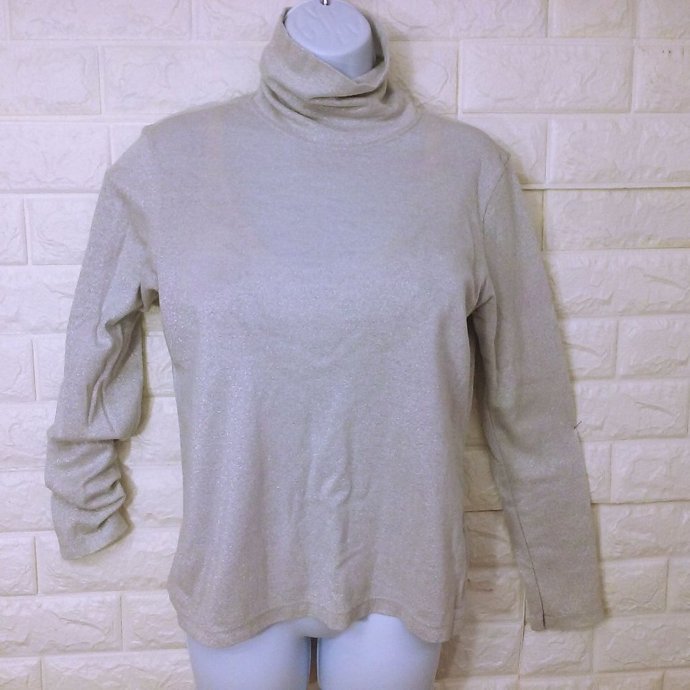 Vintage 90s White Stag Knit Turtleneck Top -S Metallic Glitter Silver Glam LSL
